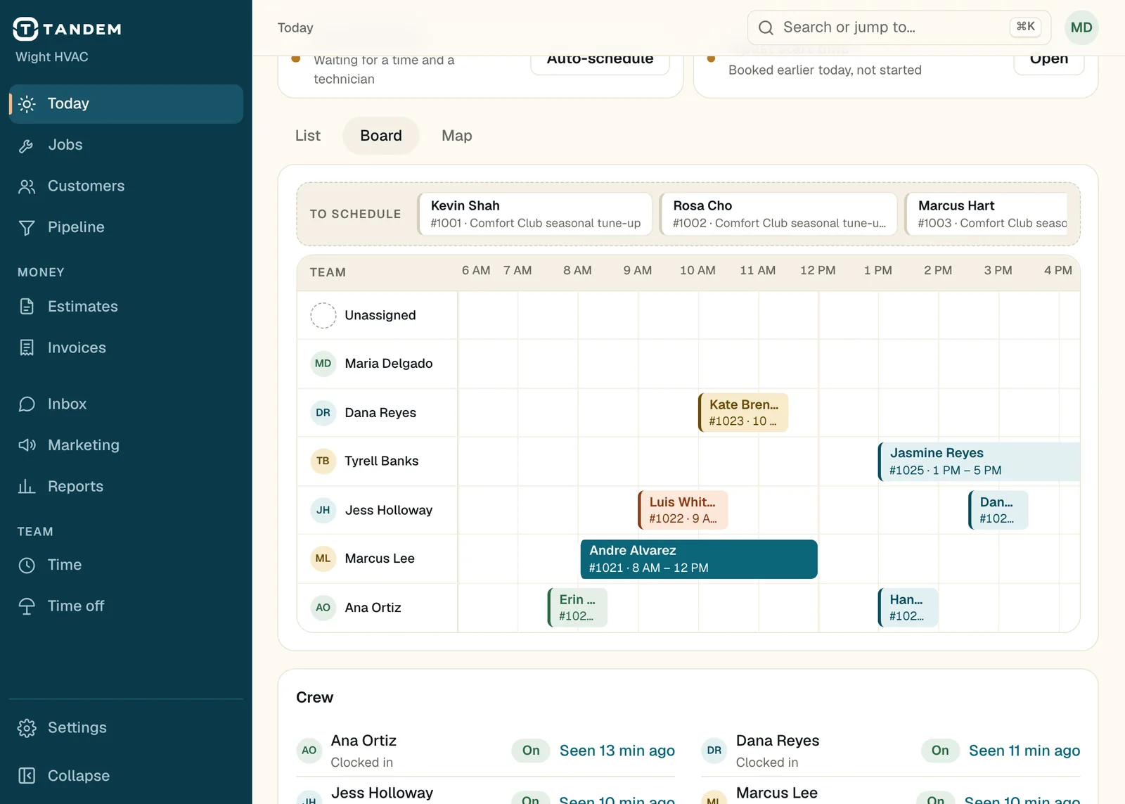 Today in the office app (demo data): counts of jobs, completed jobs, booked revenue and unscheduled jobs, a To schedule tray, and the dispatch board with each technician's jobs laid out by hour.