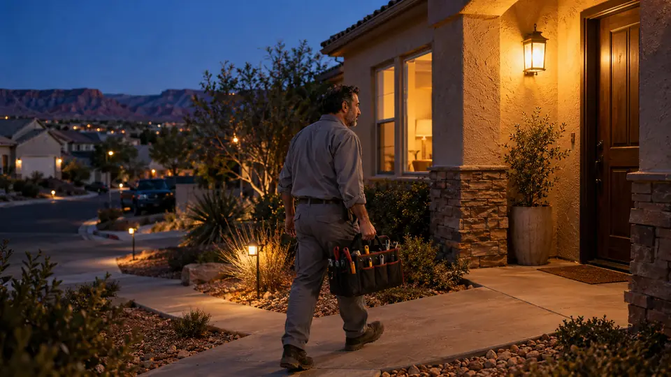 An electrician walking up to a home with a lit porch at dusk, carrying a toolbag