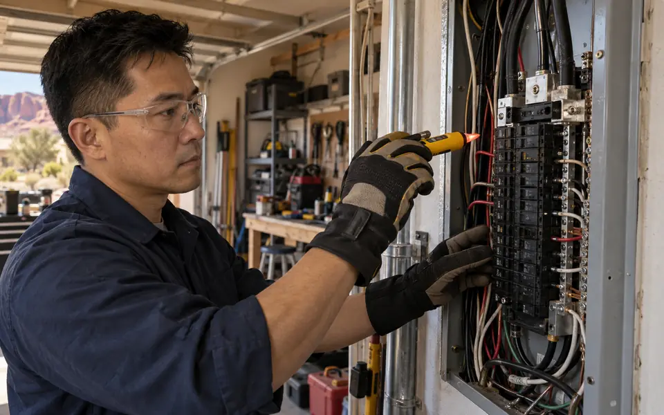 An electrician in gloves working inside an open breaker panel in a garage