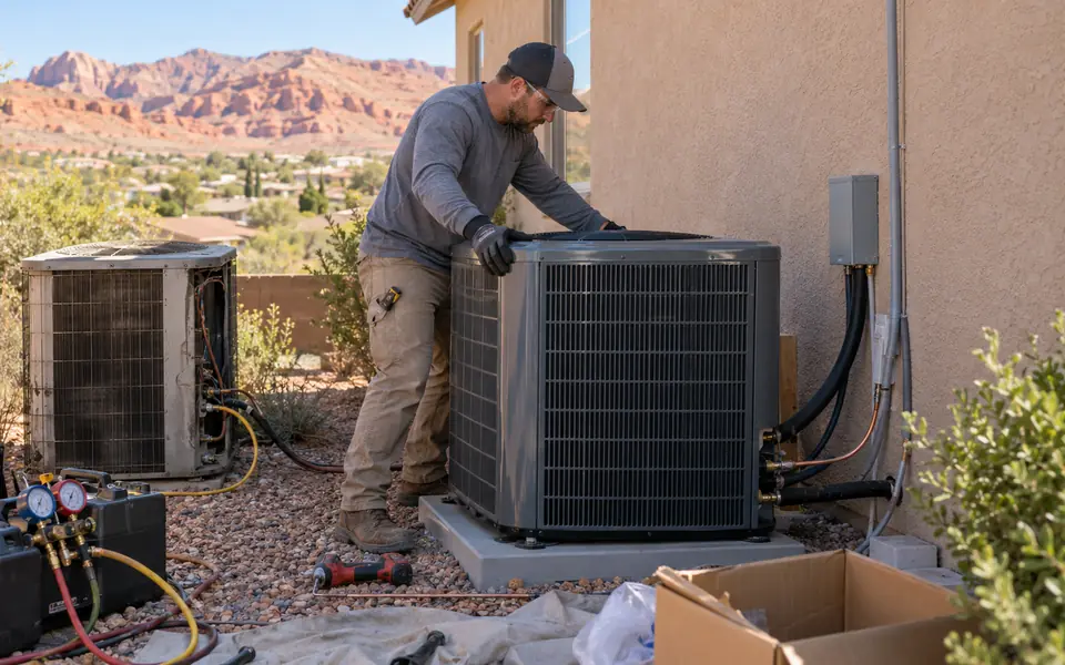 An HVAC technician in a ball cap working on an outdoor condenser beside a stucco home, with a gauge set on the gravel and red rock behind